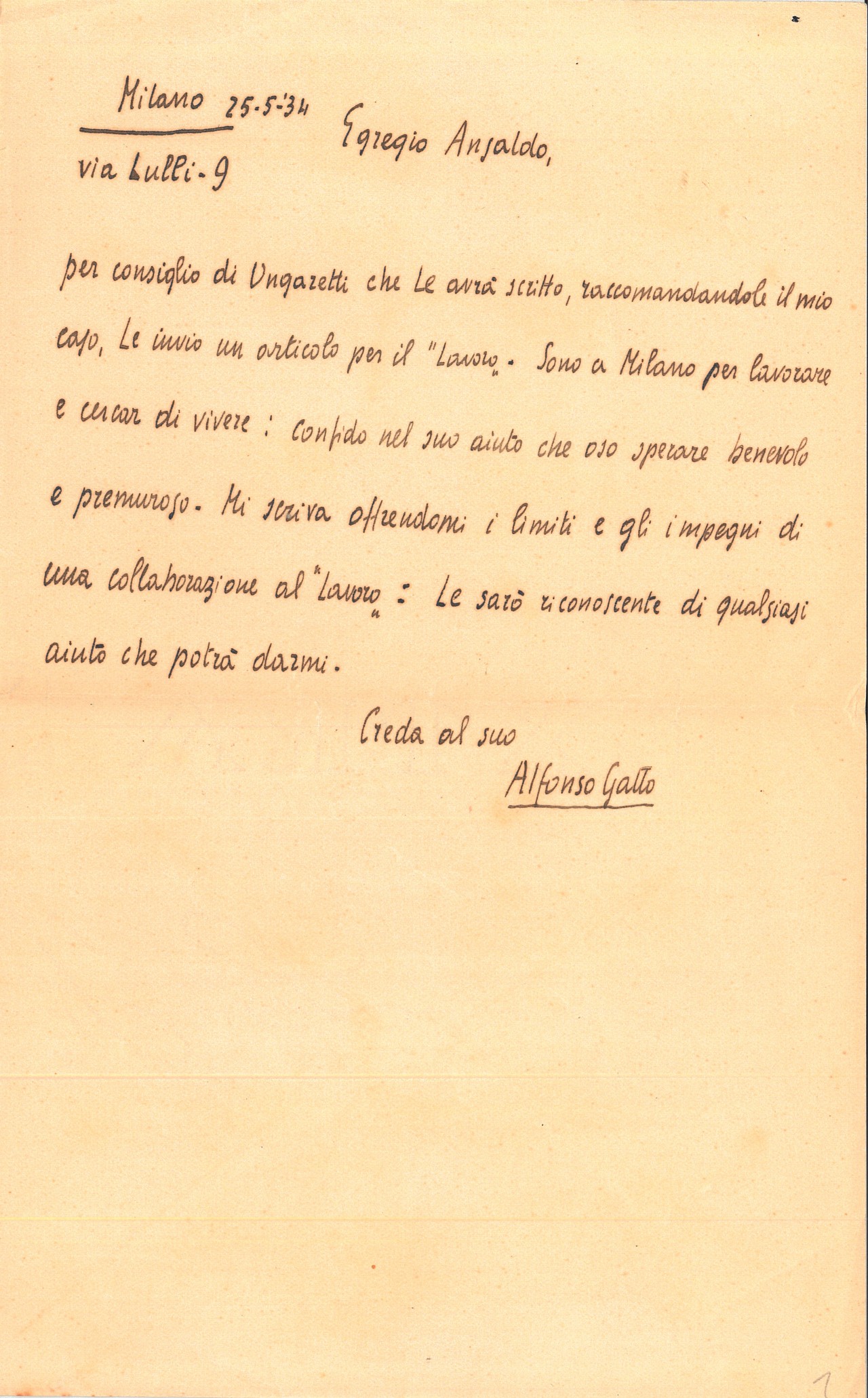Lettera di Alfonso Gatto a Giovanni Ansaldo, 25-5-1934