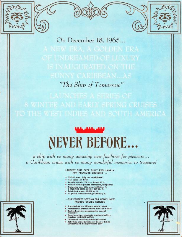 Prospetto pubblicitario delle crociere, a partire dal 18 dic. 1965 con destinazione Indie Occidentali e Caraibi