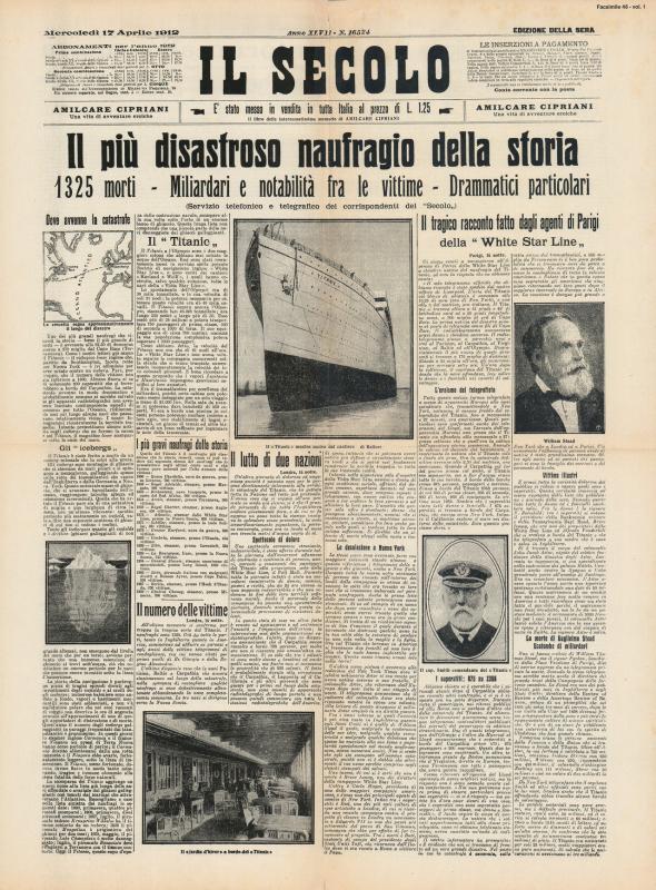 Copertina - Il Secolo - Il più disastroso naufragio della storia - Edizione della sera
