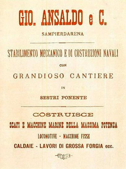 Inserzione datata 1887 della Gio. Ansaldo e C. ottobre 1961, anno IX, n. straordinario, p. 4