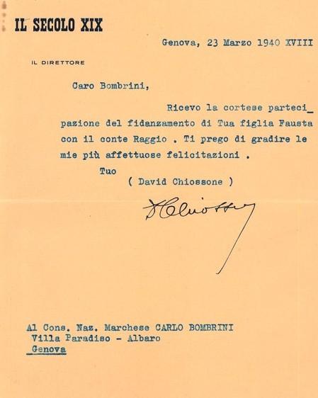 Risposta contenente i ringraziamenti da parte del direttore del Secolo XIX, per l'invito al matrimonio della figlia Fausta con il conte Edilio Raggio