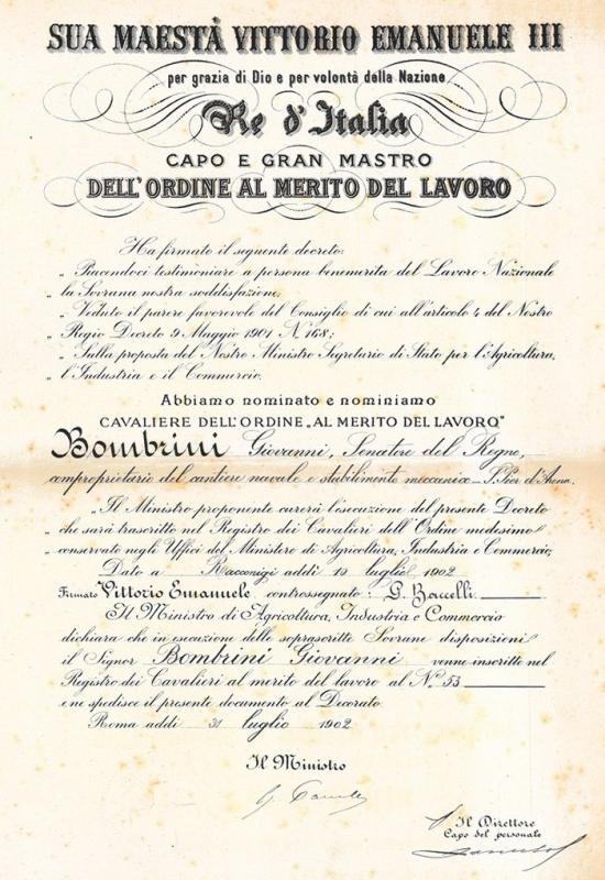 Nomina a Cavaliere dell'ordine al merito del lavoro di Giovanni Bombrini