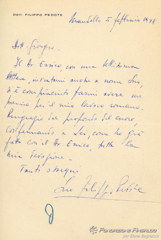 Lettera di Filippo Pedote a Giorgio Parodi - 5 febbraio 1948