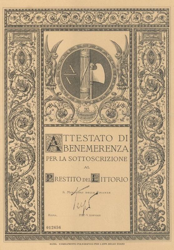 Attestato di benemerenza per l 'iscrizione al Prestito del Littorio