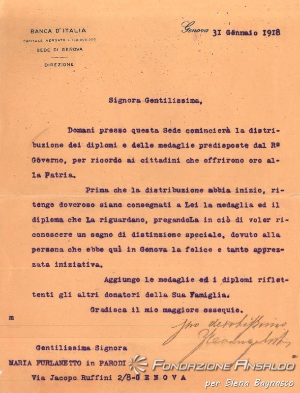 Lettera Banca d'Italia, 31 gennaio 1918