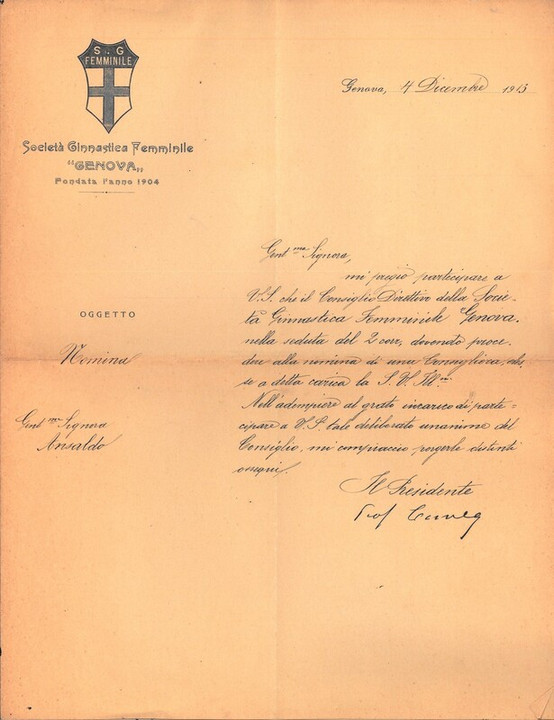 Lettera della Società di Ginnastica Femminile a Emma Ramorino, 04-12-1913