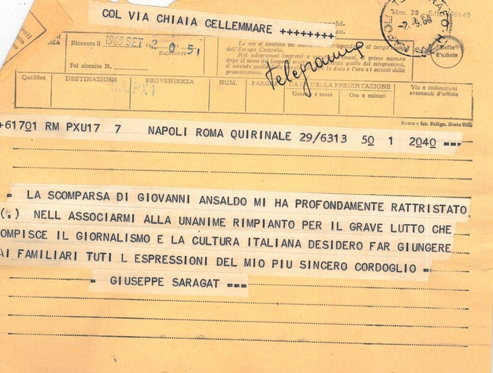 Telegrammi di condoglianze per la morte di Giovanni Ansaldo