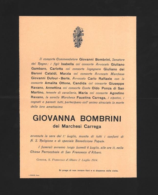 Necrologio Giovanna Bombrini dei Marchesi Carrega