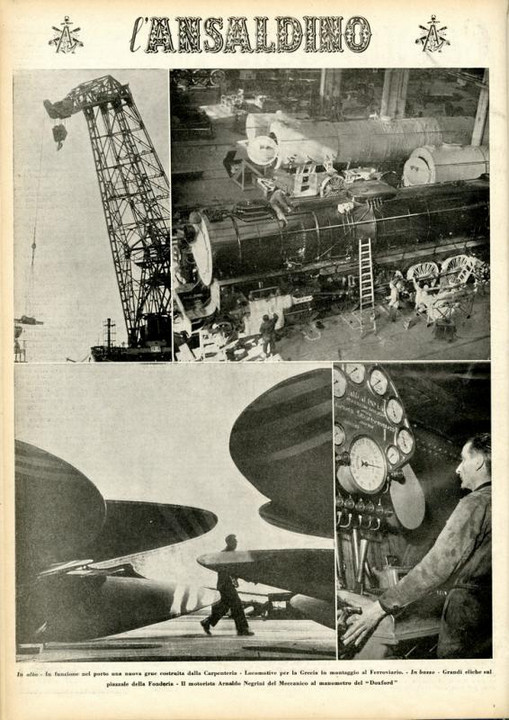 p. 20 (quarta di copertina) - In funzione una nuova grue costruita nella Carpenteria; locomotive per la Grecia in montaggio al Ferroviario; grandi eliche sul piazzale della Fonderia; il motorista Arnaldo Negrini del Meccanico al manometro del Doxford