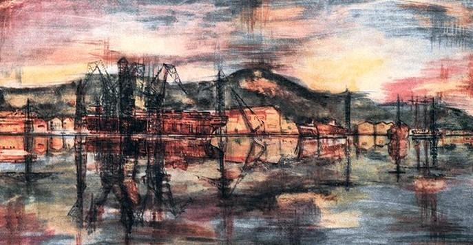 Veduta del cantiere navale del Muggiano di La Spezia, tavola di Rocco Borella, marzo - aprile 1956, anno IV, n. 2 - p. 51