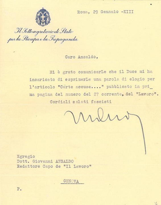 Lettere di elogio a Giovanni Ansaldo