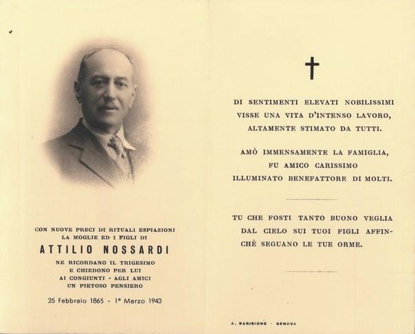 Interno del biglietto commemorativo in ricordo di Attilio Nossardi (25/02/1865 - 1/3/1943) per il terzo anniversario della sua morte