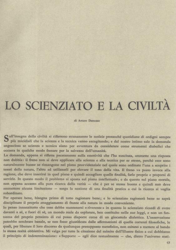 Lo scienziato e la civiltà - di Arturo Danusso, gennaio - febbraio 1962, anno X, n. 1, p. 17