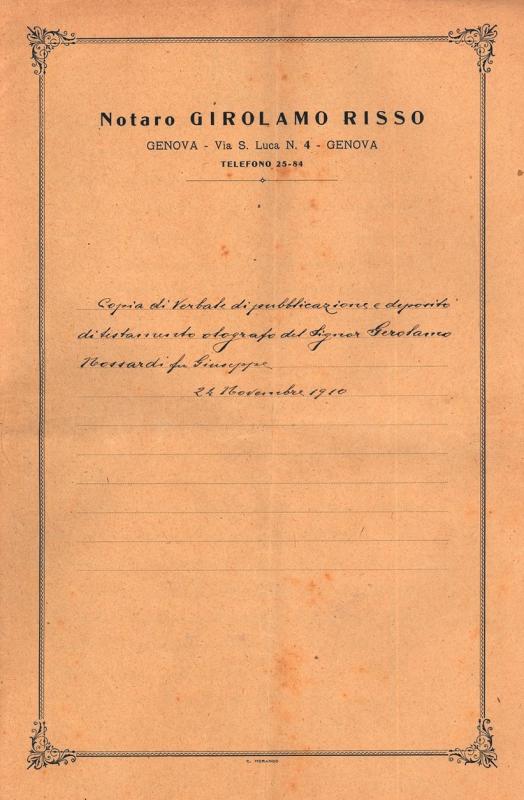 Testamento olografo di Gerolamo Nossardi, 24 novembre 1910
