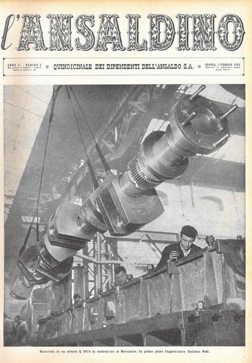 p. 1 (copertina) - Manovella di una motore Q 370"9 in costruzione al Meccanico. In primo piano l'aggiustatore Giuliano Nati.