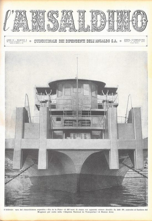 p. 1 (copertina): 5 febbraio - varo del rimorchiatore argentino "Rio de Plata" di 800 tonn. di stazza, con apparato motore Ansaldo da 2400 HP, costruito al Cantiere del Muggiano per conto della "Empresa National de Transportes" di Buenos Aires