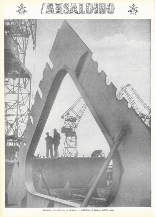 p. 16 (quarta di copertina) - suggestiva inquadratura di strutture prefabbricate al Cantiere di Muggiano