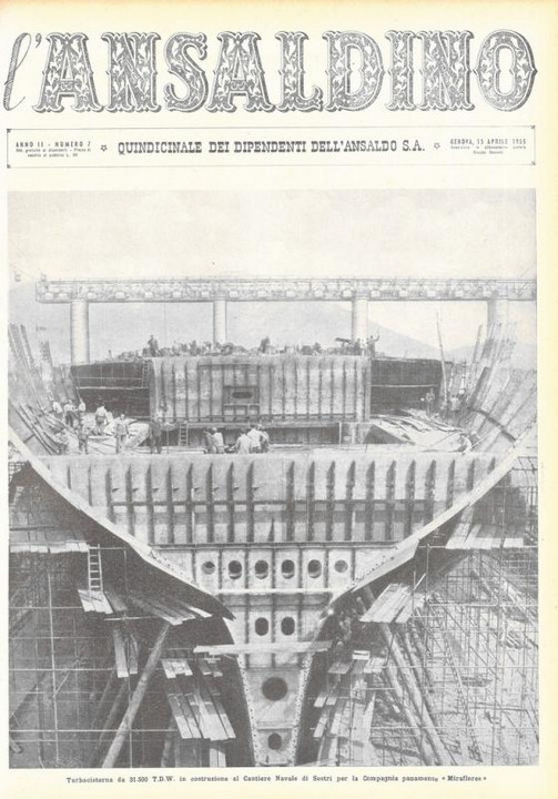 p. 1 (copertina) - turbocisterna da 31500 T.D.W. in costruzione al cantiere Navale di Sestri per la Compagnia panamense "Miraflores"