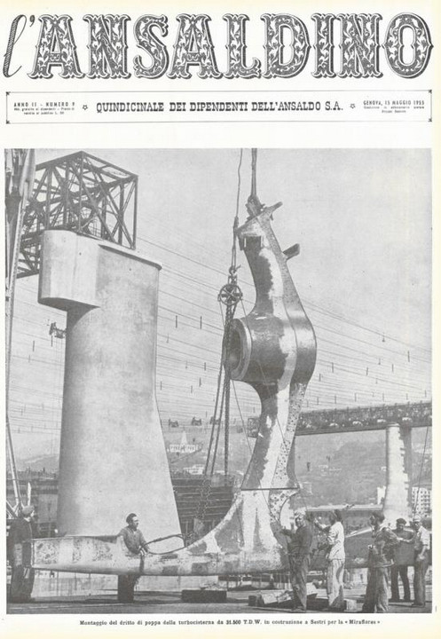 p. 1 (copertina) - montaggio del dritto di poppa della turbocisterna da 31.500 T.D.W. in  costruzione a Sestri per la "Miraflores"