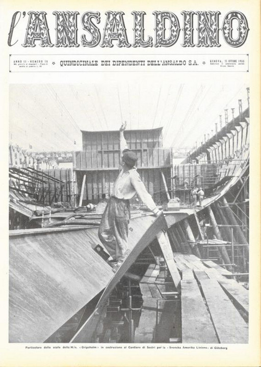 p. 1 (copertina) - particolare dello scafo della M"n. "Gripsholm" in costruzione al Cantiere di Sestri per la "Svenska Amerika Linie" di Goteborg