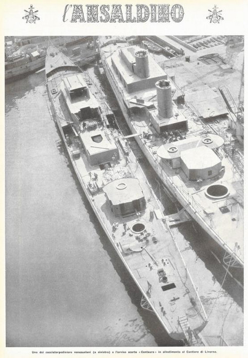 p. 16 (quarta di copertina) - uno dei cacciatorpediniere venezuelani (a sinistra)  e l'avviso scorta "Centauro" in allestimento al Cantiere di Livorno