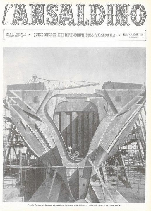 p. 1 (copertina) - prende forma, al Cantiere di Muggiano, lo scafo della motonave "Giacinto Motta" di 15.800 T.D.W.