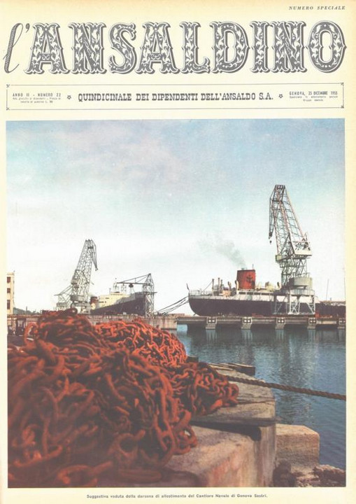 p. 1 (copertina) - suggestiva veduta della darsena in allestimento del Cantiere Navale di Genova Sestri