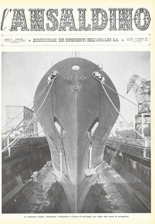 p. 1 (copertina) - la motonave svedese "Gripsholm" fotografata in bacino di carenaggio alla vigilia delle prove di navigazione