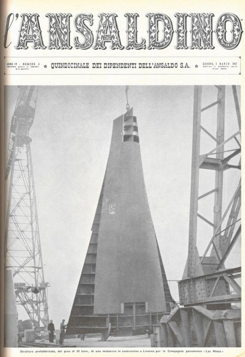 p. 1 (copertina) - struttura prefabbricata, del peso di 59 tonn., di una motonave in costruzione a Livorno per la Compagnia panamense "Las Minas"