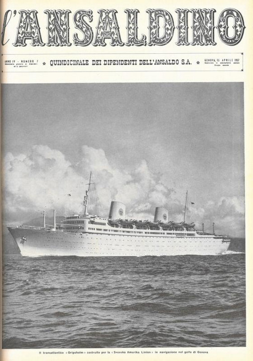 p. 1 (copertina) - il transatlantico "Gripsholm" costruito per la "Svenska Amerika Linien" in navigazione nel golfo di Genova