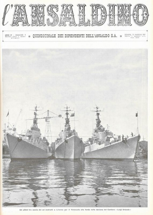 p. 1 (copertina) - gli ultimi tre caccia dei costruiti a Livorno per il Venezuela alla fonda nella darsena del Cantiere "Luigi Orlando"