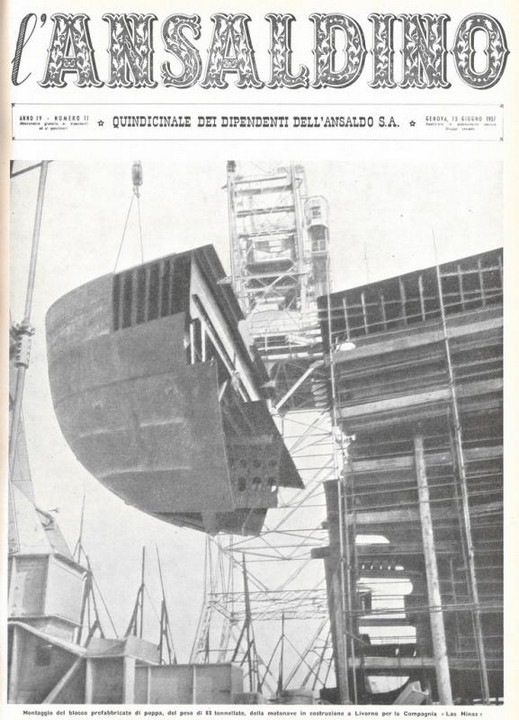 p. 1 (copertina) - montaggio del blocco prefabbricato di poppa, del peso di 65 tonnellate, delle motonave in costruzione a Livorno per la Compagnia "Las Minas"
