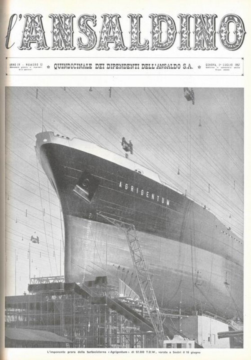 p. 1 (copertina) - l'imponente prora della turbocisterna "Agrigentum" di 52.000 T.D.W., varata a Sestri i 16 giugno