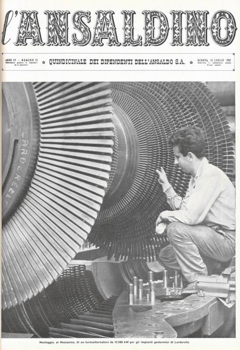 p. 1 (copertina) - montaggio, al Meccanico, di un turboalternatore da 12.500 kW per gli impianti geotermici di Larderello