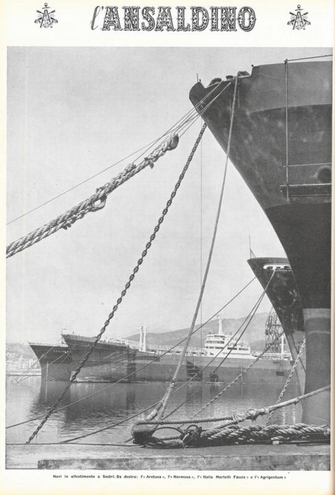 p. 16 (quarta di copertina) - navi in allestimento a Sestri. Da destra: l' "Aretusa", l' "Hermosa", l' "Italia Martelli Fassio" e l' "Agrigentum"