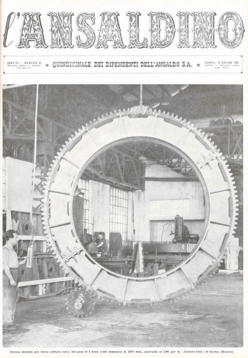 p. 1 (copertina) - corona dentata per forno cottura calce, del peso di 5 tonn. e del diametro di 3874 mm., costruita al CMI per la "Contine ntal" di Santos (Brasile)