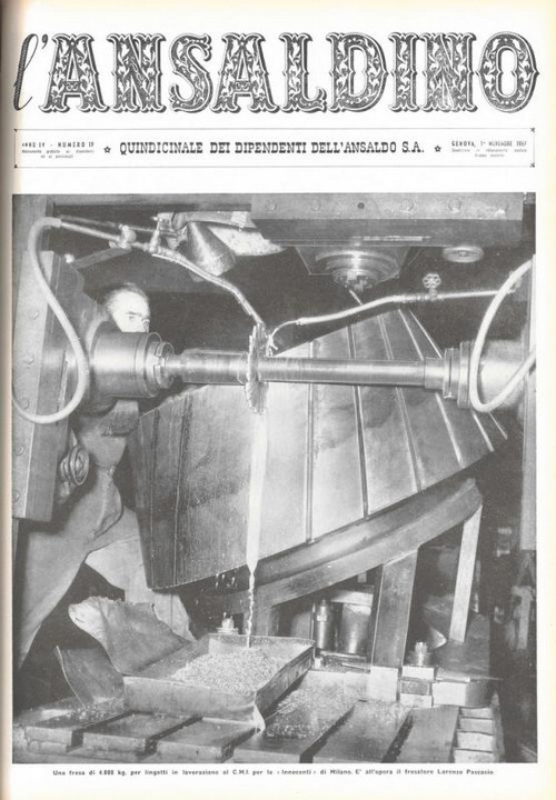 p. 1 (copertina) - una fresa di 4.800 kg. per lingotti in lavorazione al C.M.I. per la "Innocenti" di Milano. E' all'opera il fresatore Lorenzo Pascasio