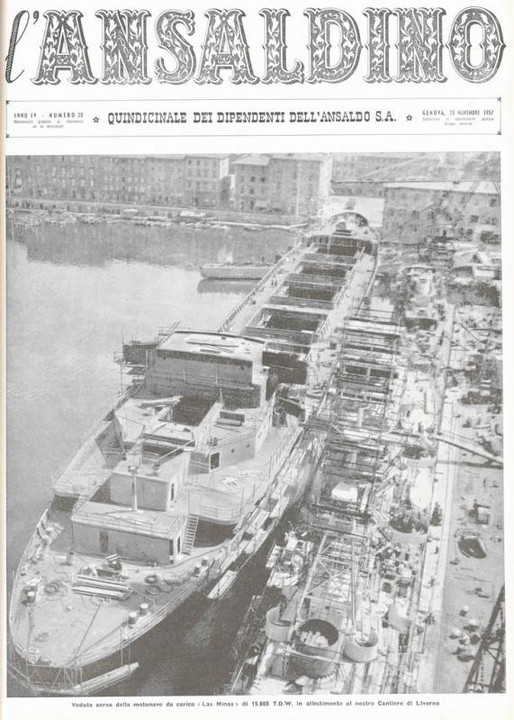 p. 1 (copertina) - veduta aerea della motonave da carico "Las Minas" di 15.800 T.D.W. in allestimento al nostro Cantiere di Livorno