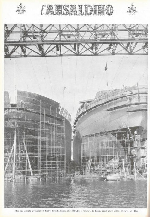 p. 16 (quarta di copertina) - due navi gemelle al Cantiere di Sestri: la turbocisterna di 31.500 t.d.w. "Mirador" ( a destra, alcuni giorni prima del varo) ed "Elios"