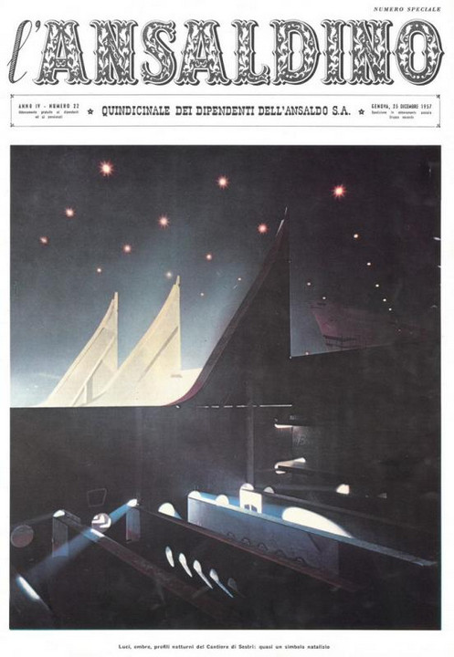 p. 1 (copertina) - luci, ombre, profili notturni del Cantiere di Sestri: quasi un simbolo natalizio