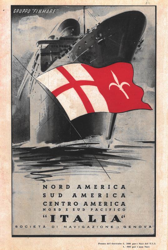Disegno pubblicitario destinazioni Nord America, Sud America, Centro America, Nord e Sud Pacifico della "Italia" Società di Navigazione - Genova