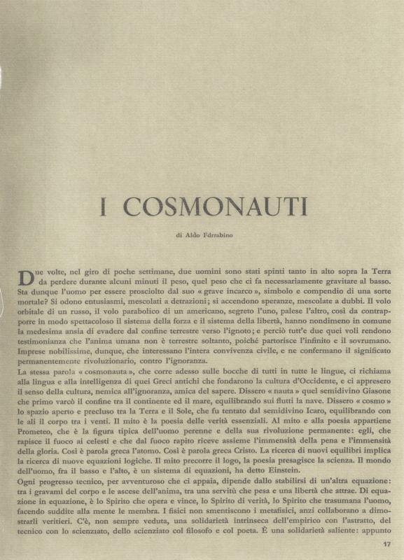 I cosmonauti, di Aldo Ferrabino, maggio - giugno 1961, anno IX, n. 3, p. 17
