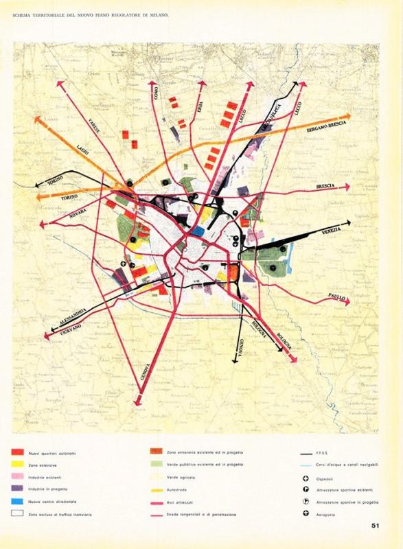 Schema territoriale del nuovo piano regolatore di Milano, luglio - agosto 1961, anno IX, n. 4, p. 51