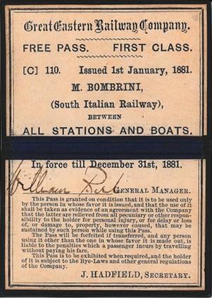 Carta ferroviaria per libera circolazione della Great Eastern Railway (GER)