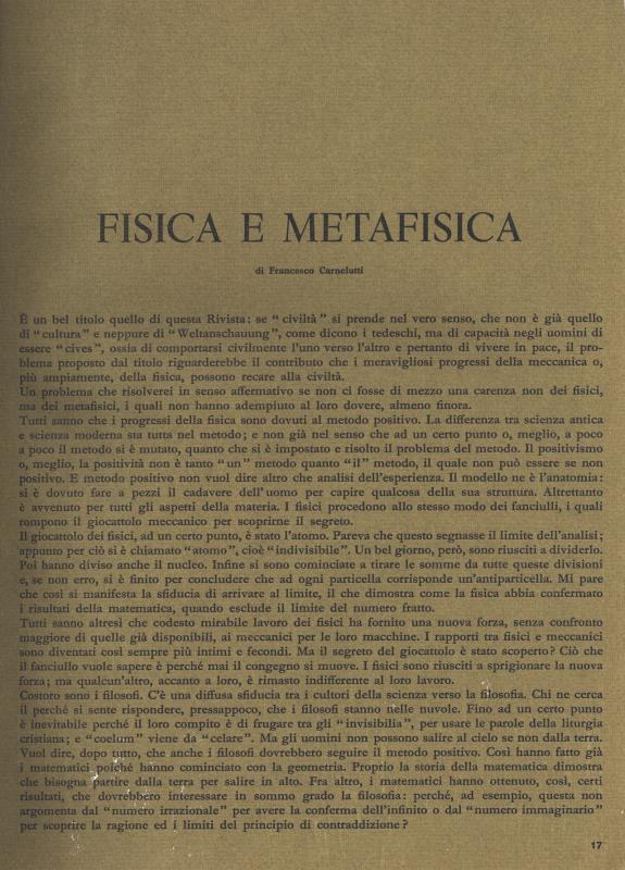 Fisica e metafisica, di Francesco Carnelutti, gennaio - febbraio 1961, anno IX, n. 1, p. 17