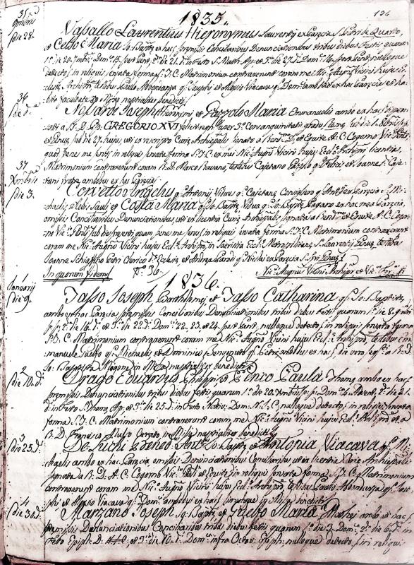 Registrazione del matrimonio tra Giuseppe Nossardi e Maria Gazzolo; 1835