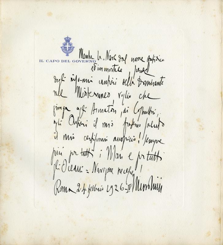 Transatlantico Roma - lettera di Mussolini