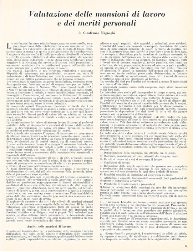 Valutazione delle mansioni di lavoro e dei meriti personali, di Gianfranco Magnaghi, settembre - ottobre 1958, anno VI, n. 5, p. 3