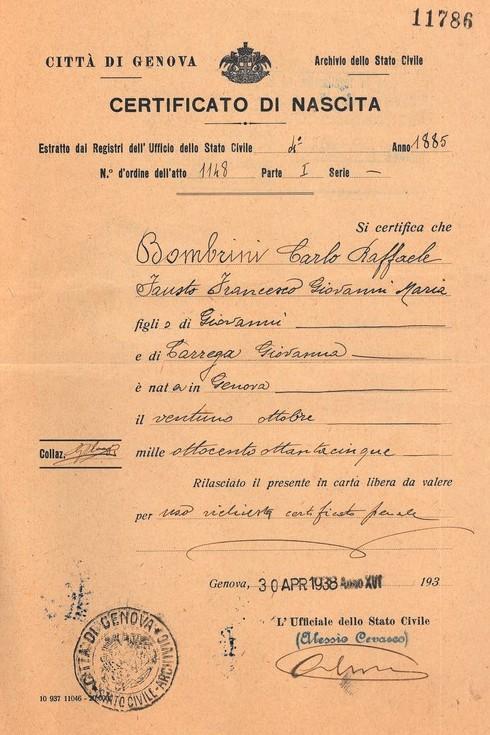 Attestato di nascita di Carlo raffaele