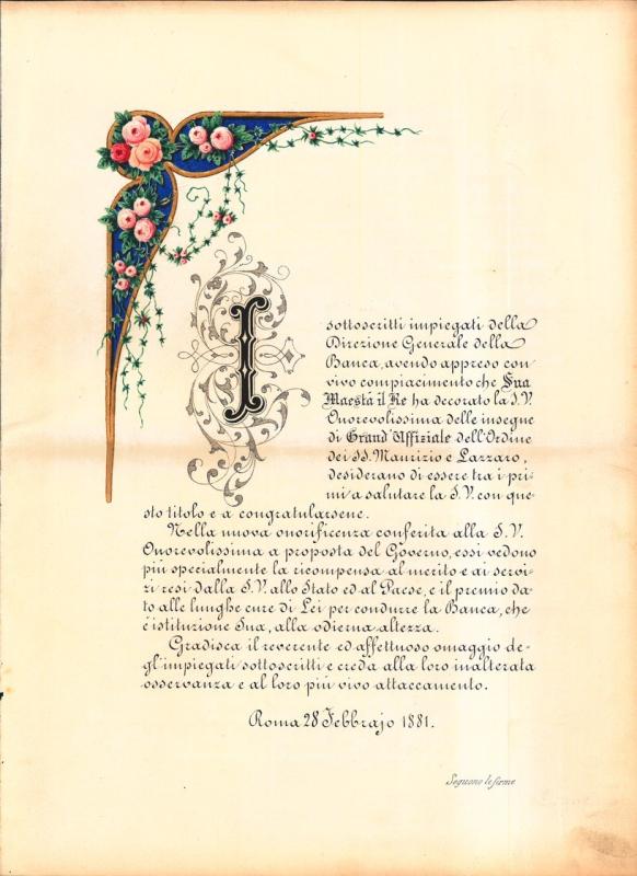 Felicitazioni per la nomina a Grande Ufficiale dell'Ordine dei SS Maurizio e Lazzaro; interno, 1881